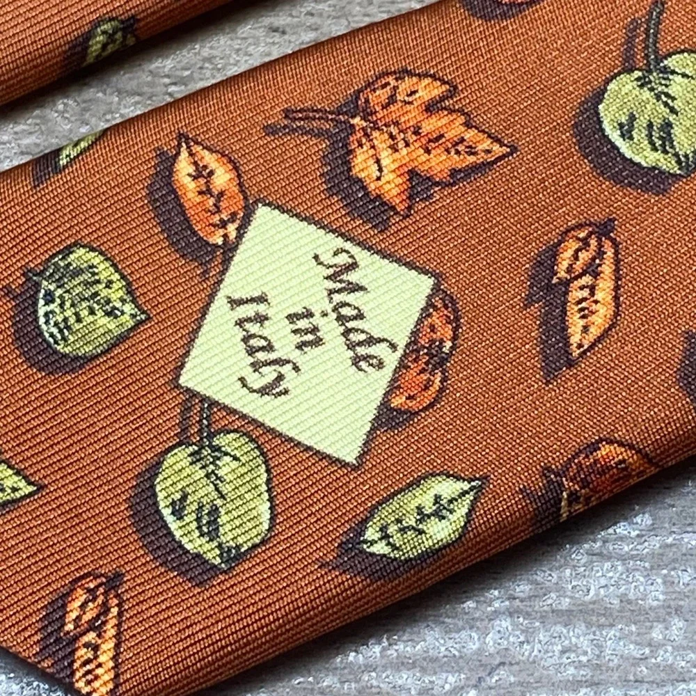Marchesi di Como Men Burnt Orange Silk Autumn Leaf Print Tie Made in Italy